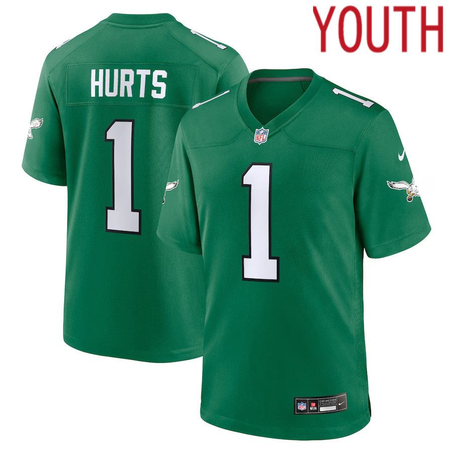 Youth Philadelphia Eagles 1 Jalen Hurts Nike Kelly Green Alternate Player Game NFL Jersey